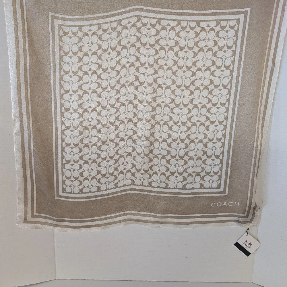 COACH Beige and White Logo Border Scarf